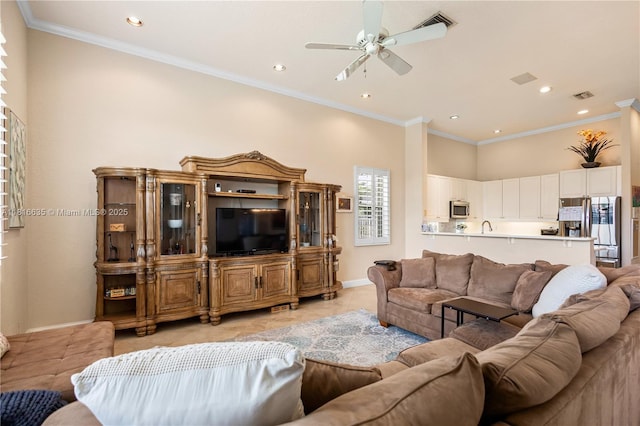 11196 Sea Grass Cir, Boca Raton, FL 33498 - living area with a ceiling fan, recessed lighting, crown molding, and light tile patterned floors