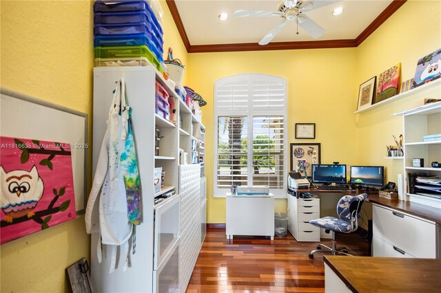 11196 Sea Grass Cir, Boca Raton, FL 33498 - home office featuring crown molding, wood finished floors, ceiling fan, and recessed lighting
