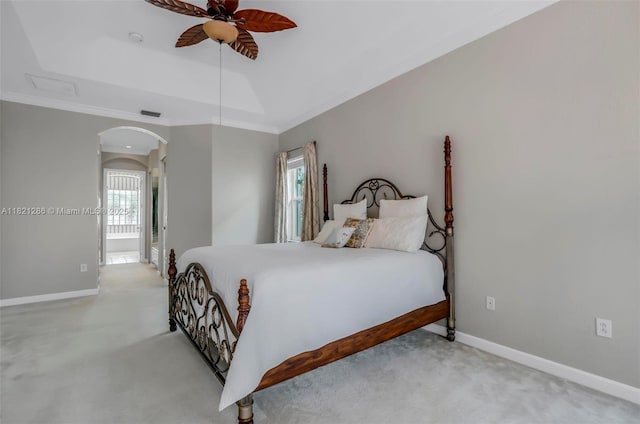 1925 NW 167th Ter, Pembroke Pines, FL 33028 - bedroom featuring arched walkways, light carpet, a raised ceiling, ceiling fan, and crown molding