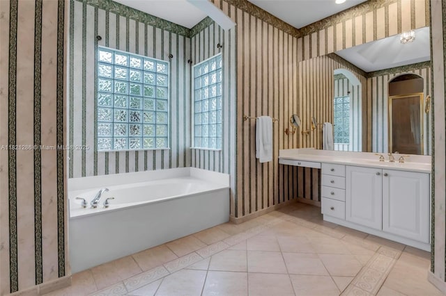 1925 NW 167th Ter, Pembroke Pines, FL 33028 - full bath featuring wallpapered walls, vanity, a bath, tile patterned flooring, and a shower with shower door