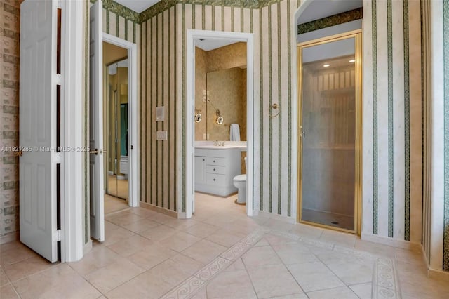 1925 NW 167th Ter, Pembroke Pines, FL 33028 - full bath with wallpapered walls, vanity, tile patterned floors, and a stall shower