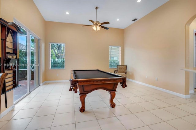 1925 NW 167th Ter, Pembroke Pines, FL 33028 - rec room with a ceiling fan, arched walkways, billiards table, and recessed lighting