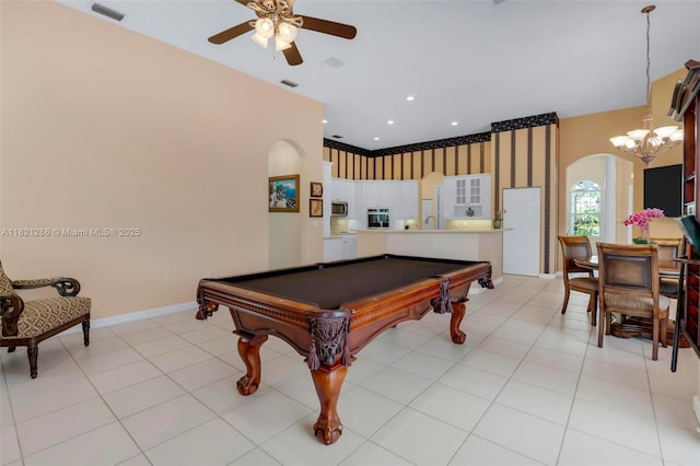 1925 NW 167th Ter, Pembroke Pines, FL 33028 - rec room featuring ceiling fan, billiards, a chandelier, arched walkways, and light tile patterned floors