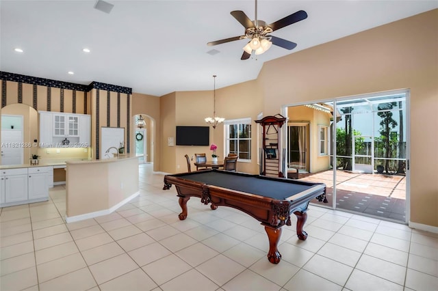 1925 NW 167th Ter, Pembroke Pines, FL 33028 - playroom with arched walkways, ceiling fan, light tile patterned floors, a chandelier, and high vaulted ceiling