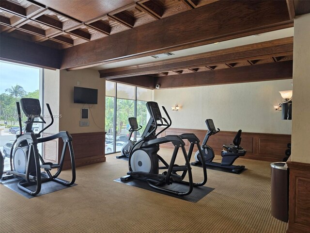 1901 Brickell Ave Unit B1508, Miami, FL 33129 - exercise room with carpet, beamed ceiling, plenty of natural light, coffered ceiling, and a wainscoted wall