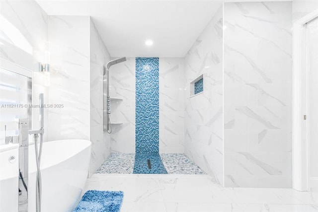17010 Toledo Blade Blvd, Port Charlotte, FL 33954 - full bath featuring a soaking tub, a marble finish shower, marble finish flooring, and recessed lighting