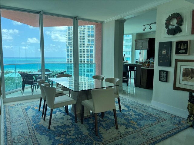 300 S Pointe Dr Unit 1602, Miami Beach, FL 33139 - tiled dining space with a water view, rail lighting, and expansive windows
