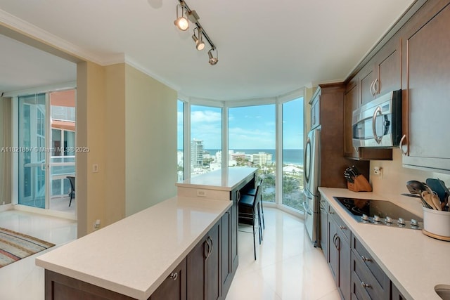 300 S Pointe Dr Unit 1602, Miami Beach, FL 33139 - kitchen with stainless steel appliances, a wall of windows, light countertops, a kitchen island, and dark brown cabinets