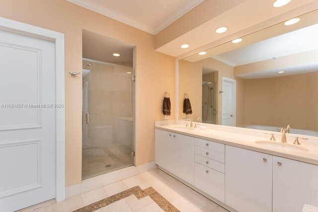 300 S Pointe Dr Unit 1602, Miami Beach, FL 33139 - full bath featuring crown molding, recessed lighting, tile patterned flooring, double vanity, and a stall shower