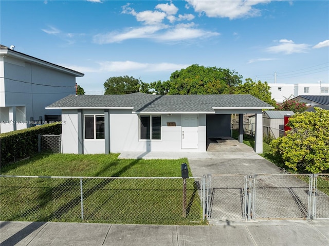 3731 SW 88th Pl, Miami, FL 33165 - ranch-style home featuring a fenced front yard, a gate, stucco siding, a carport, and roof with shingles