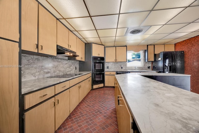5025 SW 90th Ct, Miami, FL 33165 - kitchen featuring black appliances, under cabinet range hood, backsplash, a paneled ceiling, and light brown cabinetry