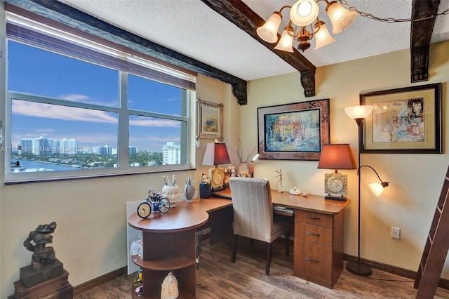 1833 S Ocean Dr Unit 1402, Hallandale Beach, FL 33009 - home office featuring a chandelier, wood finished floors, a textured ceiling, beam ceiling, and a view of city