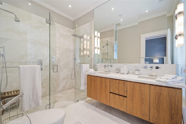 647 Almeria Ave, Coral Gables, FL 33134 - full bath featuring ornamental molding, double vanity, and a shower stall