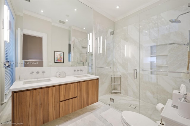 647 Almeria Ave, Coral Gables, FL 33134 - bathroom featuring crown molding, a shower stall, and double vanity