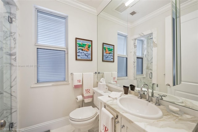647 Almeria Ave, Coral Gables, FL 33134 - bathroom featuring a marble finish shower, vanity, and crown molding