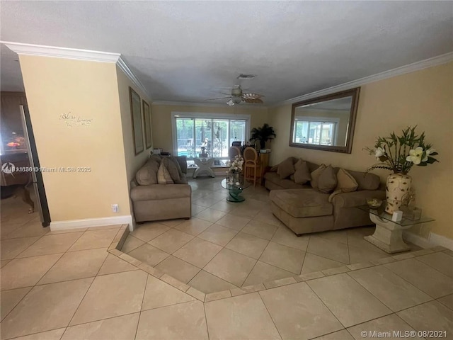 411 Martin Rd, Margate, FL 33068 - living room with light tile patterned floors, crown molding, and a ceiling fan