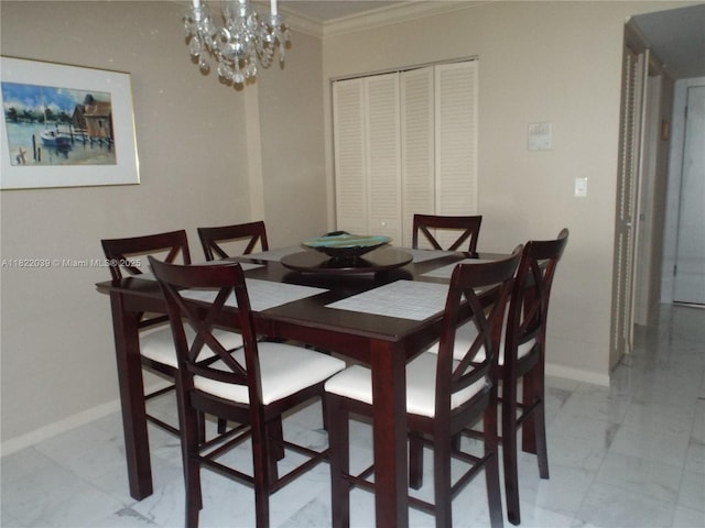 1904 S Ocean Dr Unit 405, Hallandale Beach, FL 33009 - dining room featuring ornamental molding, a chandelier, and light marble finish floors
