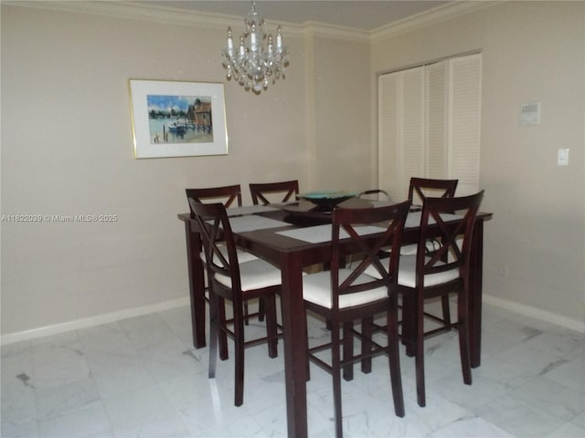 1904 S Ocean Dr Unit 405, Hallandale Beach, FL 33009 - dining space with marble look tiles, a chandelier, and ornamental molding