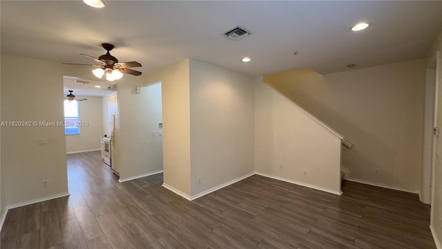 4163 Maya Cay Ln, Jupiter, FL 33458 - unfurnished living room featuring ceiling fan, recessed lighting, dark wood-style floors, and stairs