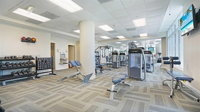 801 Brickell Key Blvd Unit 2210, Miami, FL 33131 - exercise room featuring carpet and a paneled ceiling
