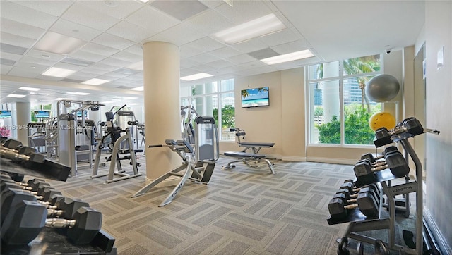 801 Brickell Key Blvd Unit 2210, Miami, FL 33131 - exercise room with carpet flooring and a paneled ceiling