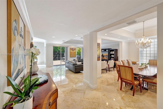 21235 NE 33rd Ave, Aventura, FL 33180 - dining room with crown molding, a raised ceiling, a chandelier, recessed lighting, and light marble finish floors