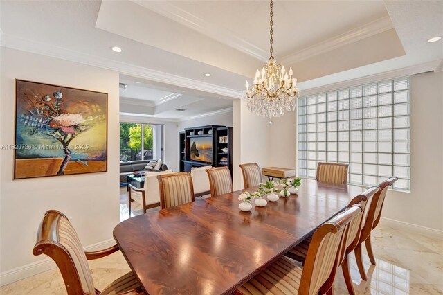 21235 NE 33rd Ave, Aventura, FL 33180 - dining area with a tray ceiling, crown molding, recessed lighting, and a chandelier