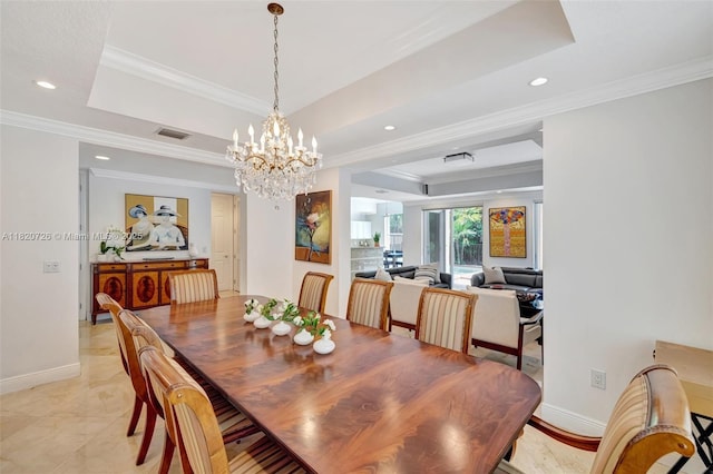 21235 NE 33rd Ave, Aventura, FL 33180 - dining space featuring a tray ceiling, recessed lighting, crown molding, and a chandelier