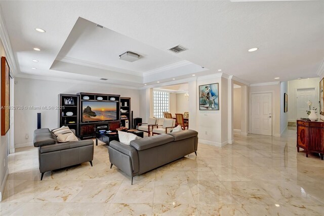 21235 NE 33rd Ave, Aventura, FL 33180 - living room featuring ornamental molding, light marble finish flooring, a tray ceiling, and recessed lighting
