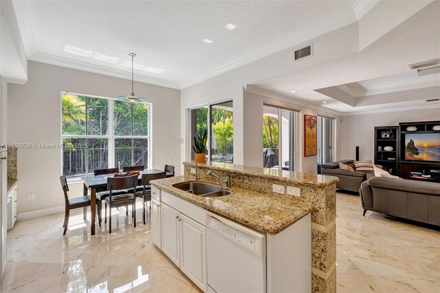 21235 NE 33rd Ave, Aventura, FL 33180 - kitchen with dishwasher, ornamental molding, open floor plan, light stone countertops, and light marble finish floors