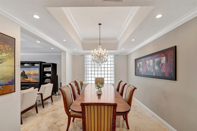 21235 NE 33rd Ave, Aventura, FL 33180 - dining space featuring a tray ceiling, a chandelier, recessed lighting, and ornamental molding
