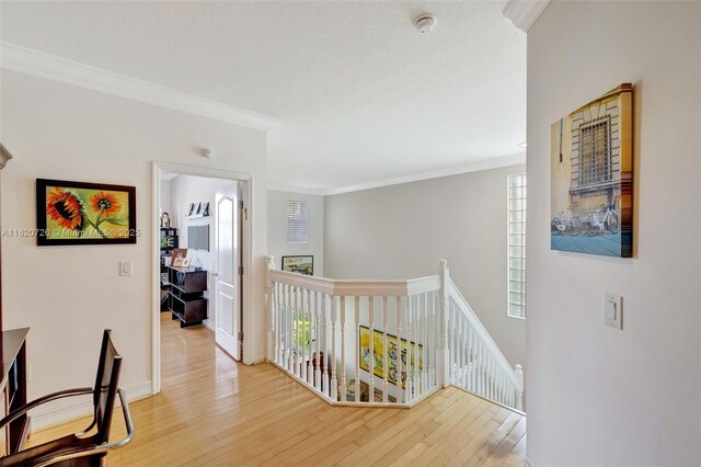 21235 NE 33rd Ave, Aventura, FL 33180 - hallway featuring an upstairs landing, ornamental molding, wood finished floors, and healthy amount of natural light