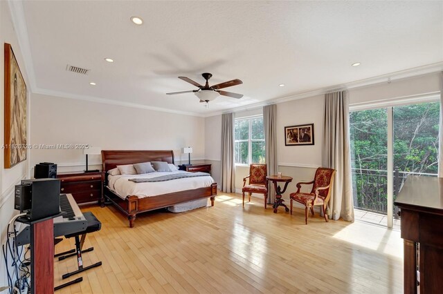 21235 NE 33rd Ave, Aventura, FL 33180 - bedroom featuring access to outside, crown molding, light wood-style floors, recessed lighting, and a ceiling fan