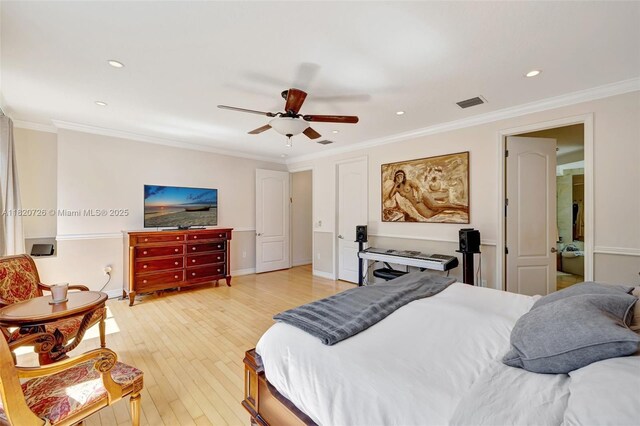 21235 NE 33rd Ave, Aventura, FL 33180 - bedroom with light wood-style floors, ornamental molding, recessed lighting, and a ceiling fan