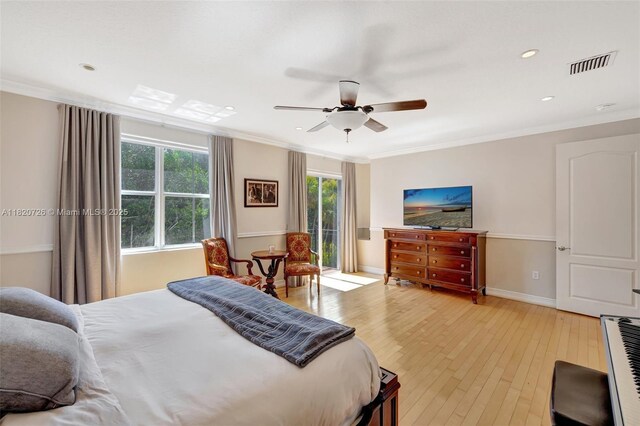 21235 NE 33rd Ave, Aventura, FL 33180 - bedroom featuring light wood finished floors, crown molding, ceiling fan, and recessed lighting