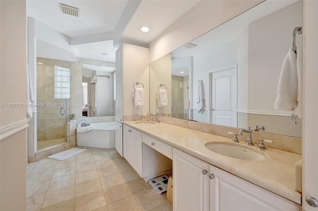 21235 NE 33rd Ave, Aventura, FL 33180 - bathroom with a shower stall, double vanity, a bath, and recessed lighting