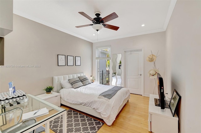 21235 NE 33rd Ave, Aventura, FL 33180 - bedroom with light wood-type flooring, crown molding, recessed lighting, and a ceiling fan