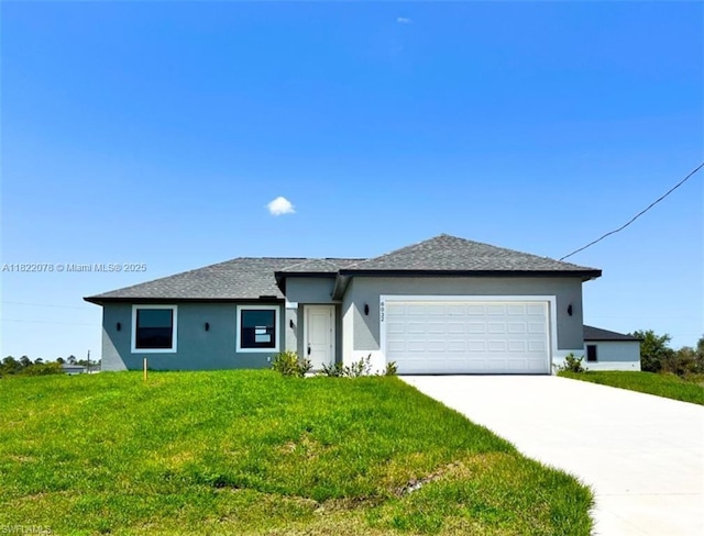 6032 Keystone Cir, La Belle, FL 33935 - ranch-style house featuring stucco siding, a garage, concrete driveway, a front lawn, and a shingled roof