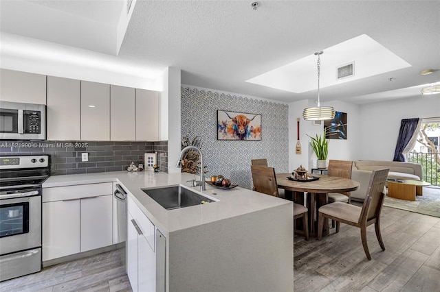 8940 NE 8th Ave Unit 1203, Miami, FL 33138 - kitchen featuring stainless steel appliances, light countertops, light wood finished floors, decorative light fixtures, and modern cabinets