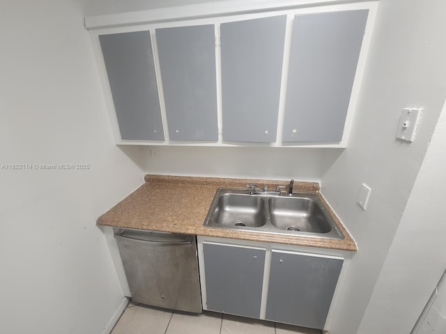 4150 NW 90th Ave Unit 203, Coral Springs, FL 33065 - kitchen featuring stainless steel dishwasher, light tile patterned floors, and gray cabinets