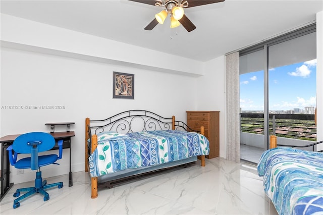 3530 Mystic Pointe Dr Unit 2108, Aventura, FL 33180 - bedroom featuring access to outside, floor to ceiling windows, marble finish floors, and a ceiling fan