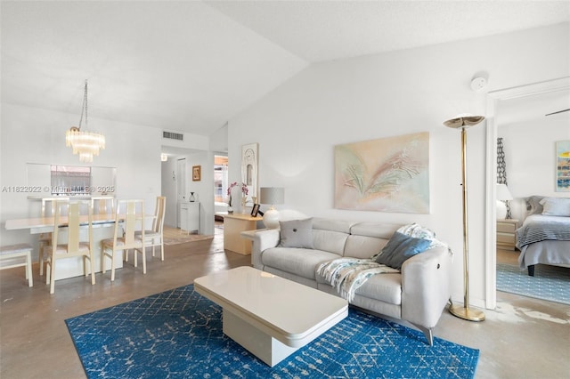 3001 Holiday Springs Blvd Unit 201, Margate, FL 33063 - living area with finished concrete flooring, a chandelier, and vaulted ceiling