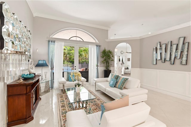 16601 SW 87th Ct, Palmetto Bay, FL 33157 - living room featuring arched walkways, crown molding, and french doors