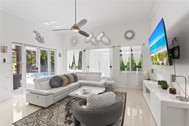 16601 SW 87th Ct, Palmetto Bay, FL 33157 - living area with ornamental molding, a ceiling fan, light tile patterned floors, and wainscoting