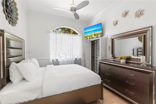 16601 SW 87th Ct, Palmetto Bay, FL 33157 - bedroom featuring crown molding, a ceiling fan, and light wood finished floors