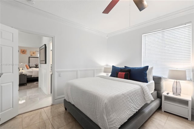 16601 SW 87th Ct, Palmetto Bay, FL 33157 - bedroom with ornamental molding, wainscoting, ceiling fan, light tile patterned floors, and a decorative wall
