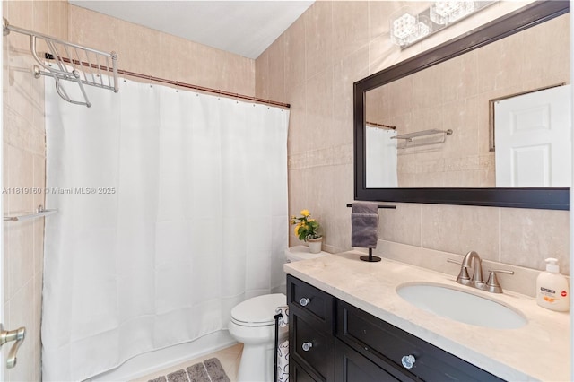 16601 SW 87th Ct, Palmetto Bay, FL 33157 - full bath featuring tile walls, vanity, decorative backsplash, shower / bathtub combination with curtain, and tile patterned flooring