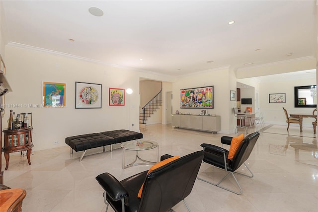 6535 Allison Rd, Miami Beach, FL 33141 - living room featuring ornamental molding, stairway, light tile patterned floors, and recessed lighting
