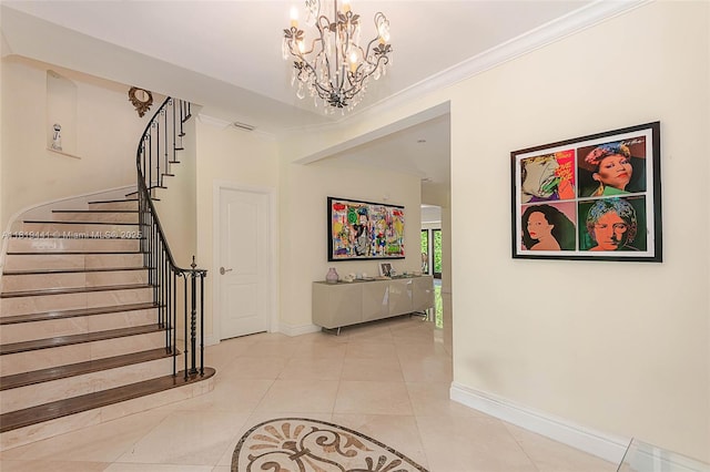 6535 Allison Rd, Miami Beach, FL 33141 - foyer with stairs, a chandelier, crown molding, and light tile patterned flooring
