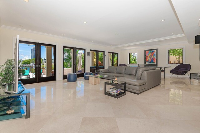 6535 Allison Rd, Miami Beach, FL 33141 - living room featuring french doors, plenty of natural light, crown molding, and recessed lighting